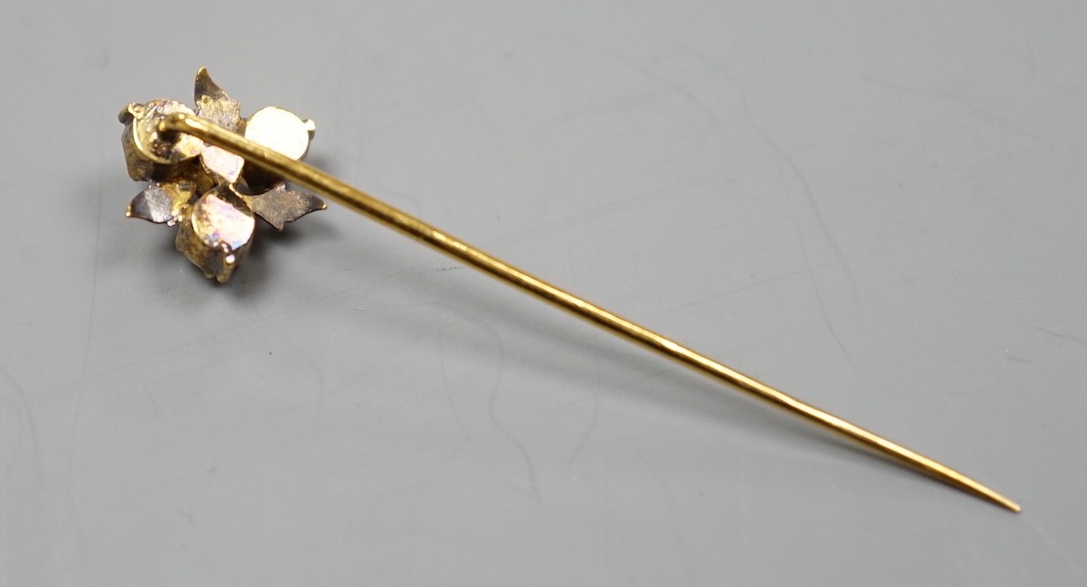 Two unmounted oval white opals, approx. 16mm and a yellow metal, cultured pearl and gem set stick pin.